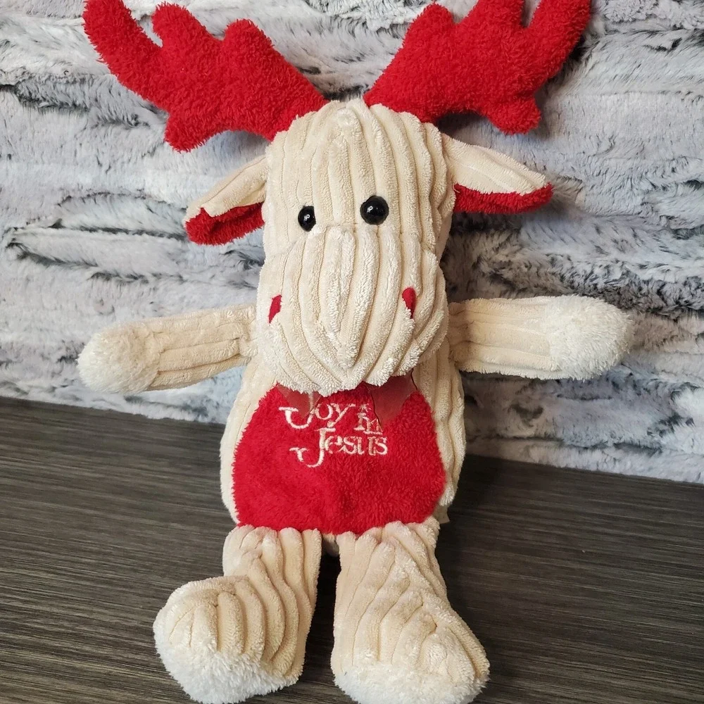 Goffa Moose Joy In Jesus Plush Beige and Red  Ribbed Textured Stuffed Animal 14